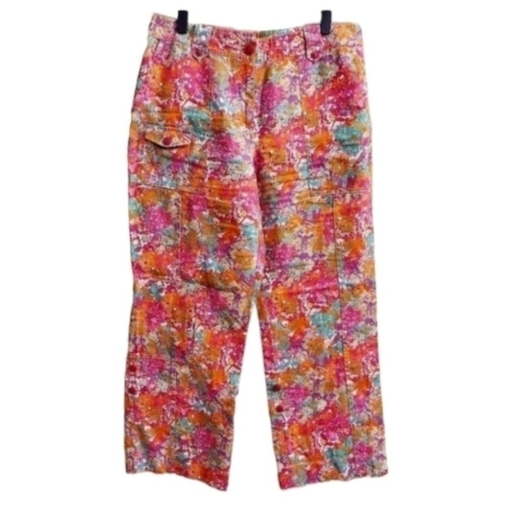 SIGRID OLSEN Linen Cargo Watercolor Floral Boho Wide Legged Roll Tab Hem Pants 6